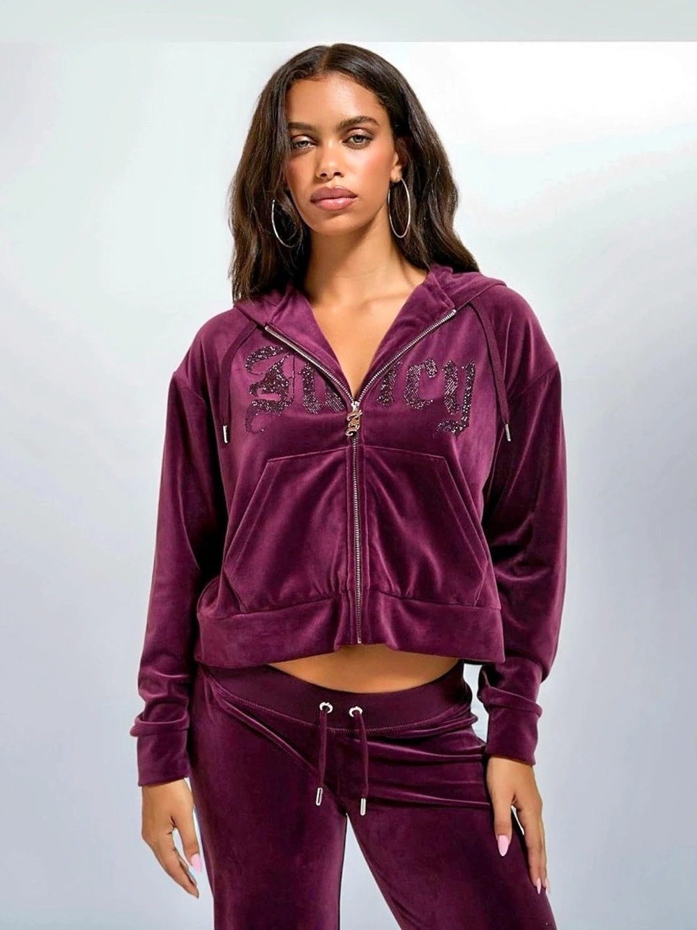 Juicy Couture Old Gothic Diamante Plum Oversized Cropped Hoodie and Pants